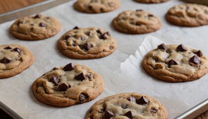 close-up of a tray of freshly baked chocolate chip cookies on parchment paper