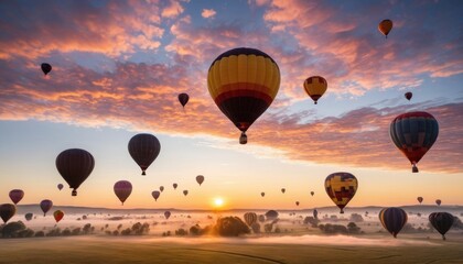 Obraz premium dreamlike scene of a hot air balloon festival at sunrise with colorful balloons filling the sky
