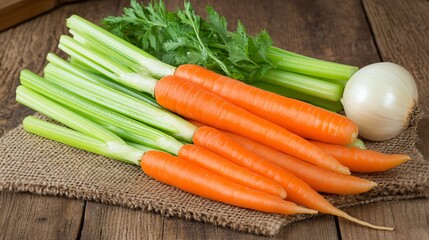 A rustic kitchen setup with celery, carrots, and onions placed on a burlap cloth and a wooden table
