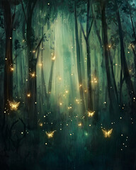 Obraz premium Lichtdurchfluteter Wald mit schimmernden Schmetterlingen