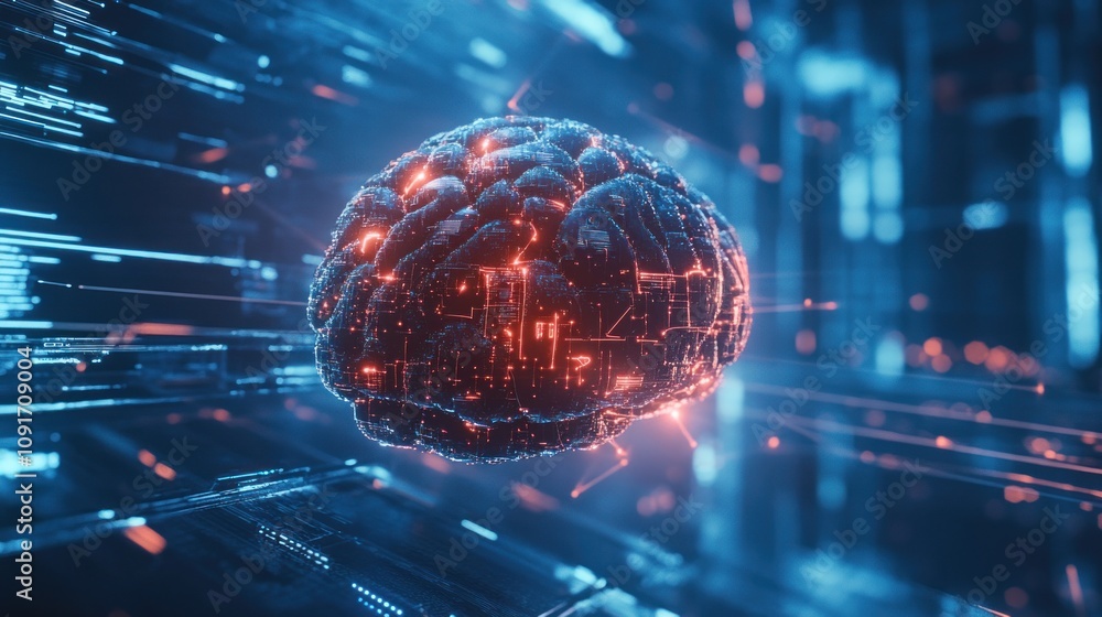 Poster futuristic digital brain representing neural networks, data processing, and artificial intelligence 