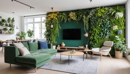 Fototapeta premium innovative living room design with furniture integrated into a green plant wall 