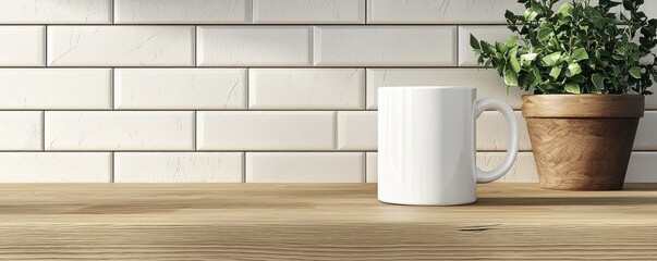 A blank white mug mockup on a kitchen counter, ready for branding or design placement