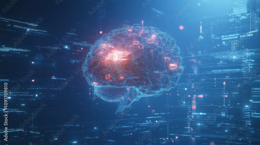 Aufkleber futuristic digital brain with neon lights representing artificial intelligence, technology, data pro