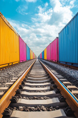 Fototapeta premium Bunte Container entlang der Gleise unter wolkigem Himmel