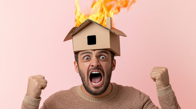 Verwirrter Mann mit brennendem Haus auf dem Kopf