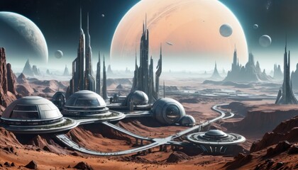 panoramic view of a futuristic space colony on a distant planet 