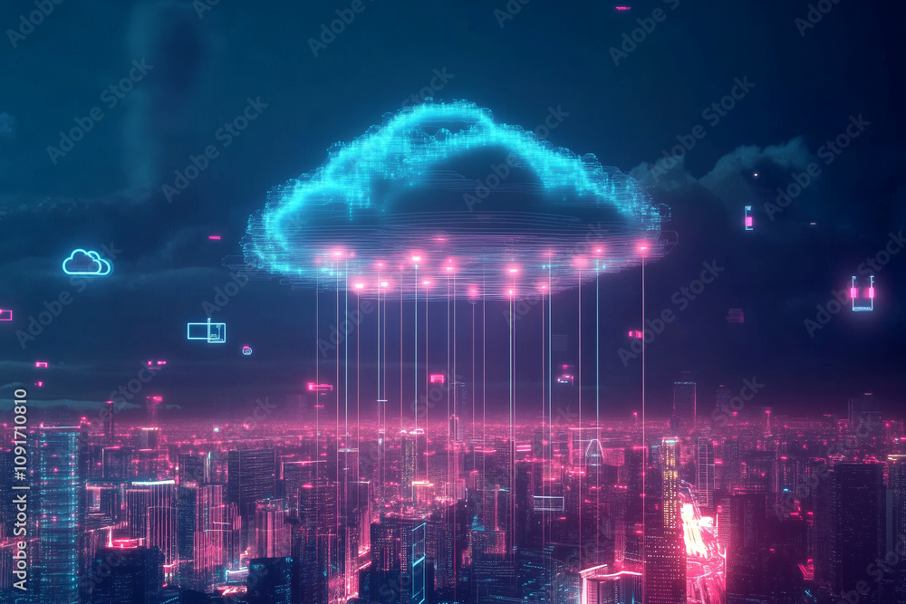 Poster conceptual illustration of cloud computing, with digital clouds above a cityscape, connected to vari