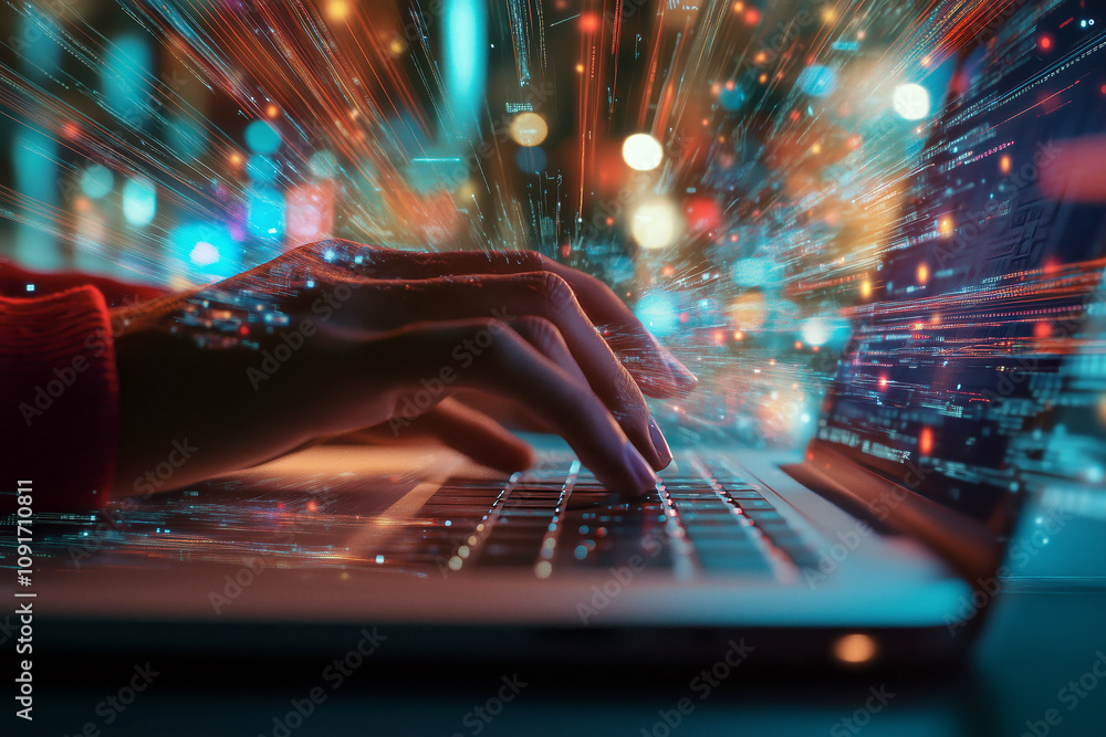 Poster close-up of a person's hands typing on a laptop, with virtual data streams surrounding the device.