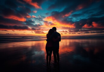 A silhouette of a young couple in love embracing and holding each other on the beach at sunset. The image is a back view photograph of the man and woman looking a colorful sky and it's reflection