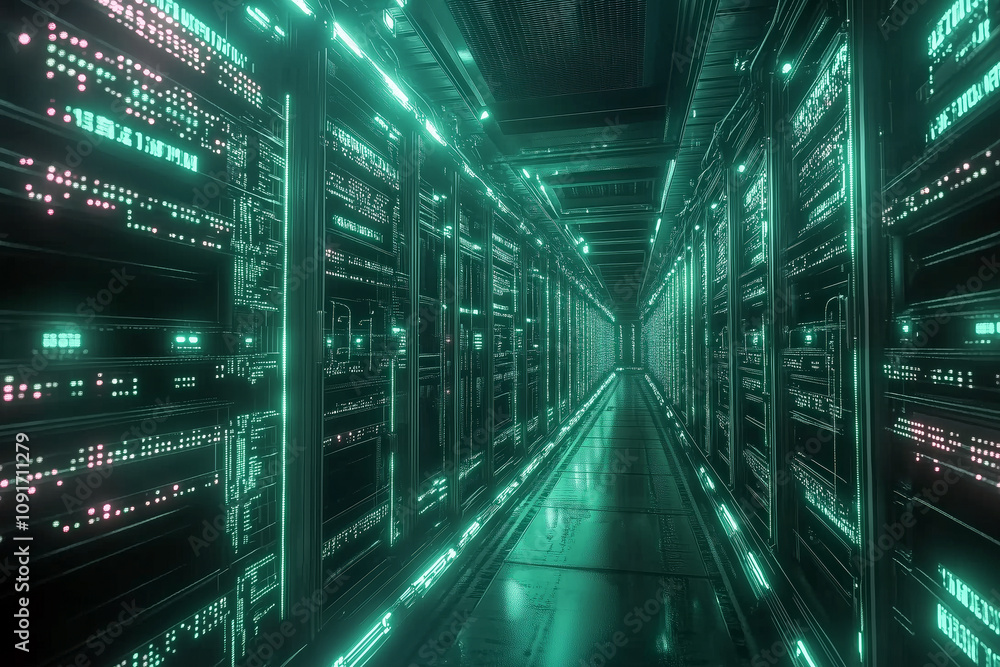 Poster futuristic server room with rows of glowing servers and data cables, symbolizing the backbone of the