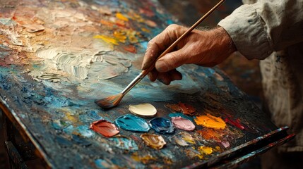 Obraz premium A skilled artist pours vibrant hues on the palette while carefully blending colors, immersed in the creative process in a cozy studio filled with inspiration