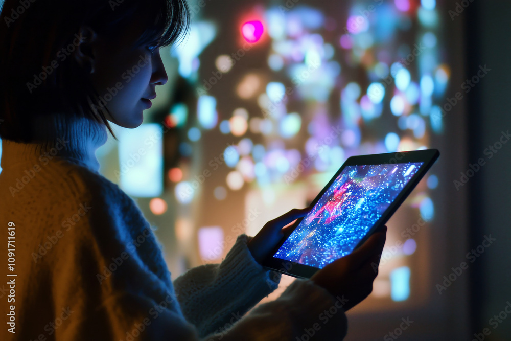 Poster person using a tablet with augmented reality apps projected into the air, connected to the internet.