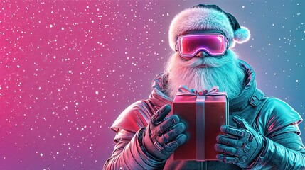 Futuristic Santa Claus with neon gift box and pink snowy background in vibrant sci-fi style

