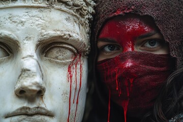 Marble Masked. Immersive theater alphv Platonic love deepfakes Ethical ai faceid Logically Fabula The zero proof 1440 Daily Digest Ancient statue closeup with blood effect and mas