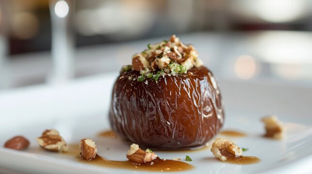 A closeup of a single stuffed date, garnished with crushed nuts and served on a sleek white plate