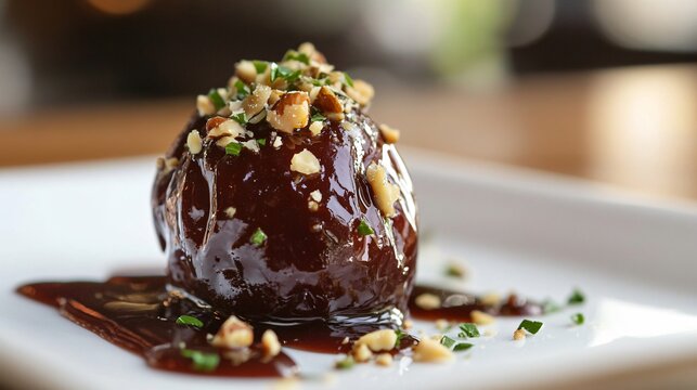 A closeup of a single stuffed date, garnished with crushed nuts and served on a sleek white plate