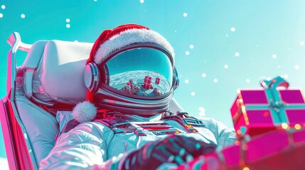 Astronaut Santa Claus holding holiday gifts with snowy space background and futuristic design

