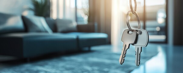 Background of a sleek, contemporary apartment with keys in view, illustrating the notion of property investment or ownership.