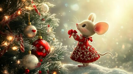 Obraz premium A charming mouse girl dressed elegantly adorns a festive christmas tree with delightful ornaments