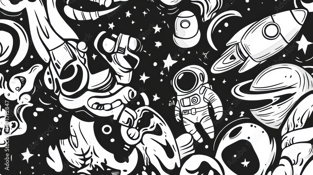 Aufkleber colorful doodles of planets, rockets, and astronauts create a playful cosmic atmosphere filled with 