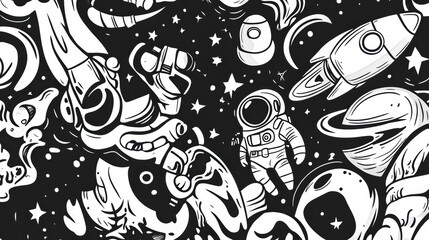 Naklejka premium Colorful doodles of planets, rockets, and astronauts create a playful cosmic atmosphere filled with whimsy and imagination. Generative AI