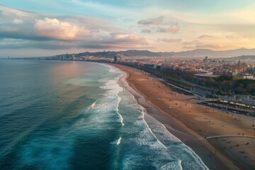 The beautiful coastline of Barcelona during sunset, showcasing golden sand, turquoise waves, and people enjoying a leisurely day at the beach.