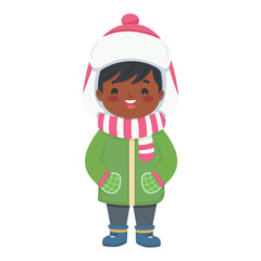 Happy and smiling kids in winter clothes on white background. Vector illustration in flat cartoon style.