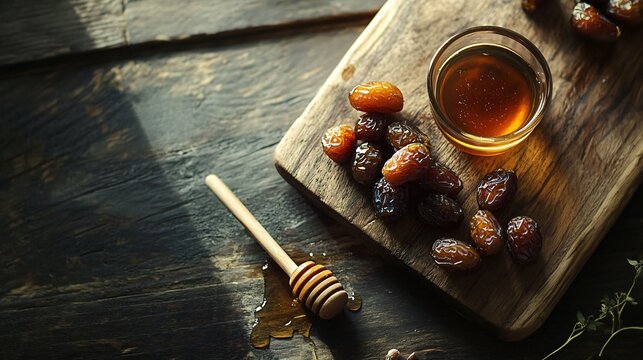 A rustic arrangement of dates and honey on a wooden board, styled with natural lighting