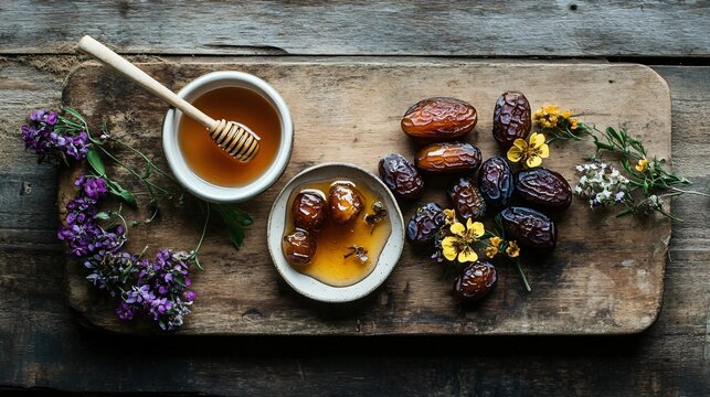 A rustic arrangement of dates and honey on a wooden board, styled with natural lighting