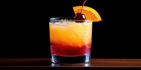 A simple tequila sunrise with layered orange and red hues, garnished with a cherry and orange slice