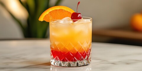 A simple tequila sunrise with layered orange and red hues, garnished with a cherry and orange slice