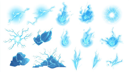Cartoon lightning animation. Animated electric strike, magic electricity hit and thunderbolt effect vector illustration set. Game asset collection of blue glowing storm isolated on white background