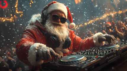 Santa Claus as a DJ at a vibrant winter festival celebration