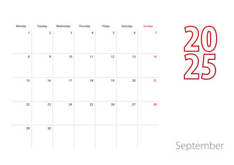 Calendar for September 2025 in modern design, planner template.