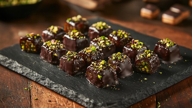 Dates coated in dark chocolate and sprinkled with crushed pistachios, presented on a slate platter