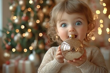 Naklejka premium Child with big eyes holds golden Christmas ornament