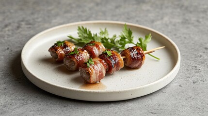 Dates wrapped in bacon and served on a skewer, displayed on a minimalist white plate