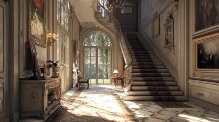 Classic entrance hall with antique French-style furnishings a?" ar 5:2