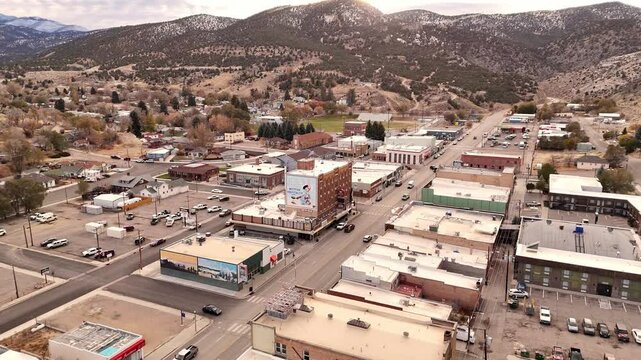 The main street of Ely, Nevada, along US Route 50, the loneliest road in the USA. Small businesses, hotels and casinos.