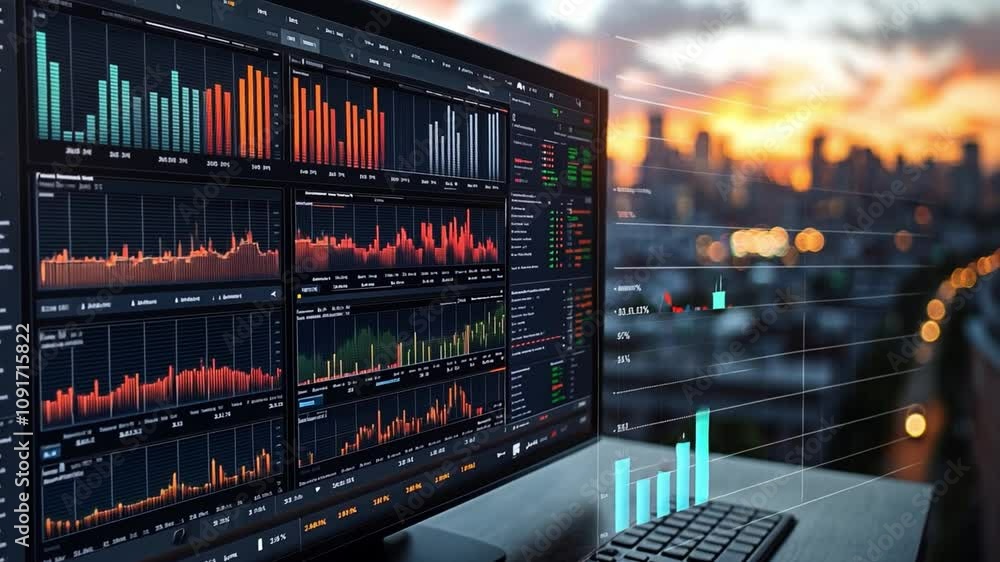 Poster data analysis on a computer screen with city skyline backdrop at sunset