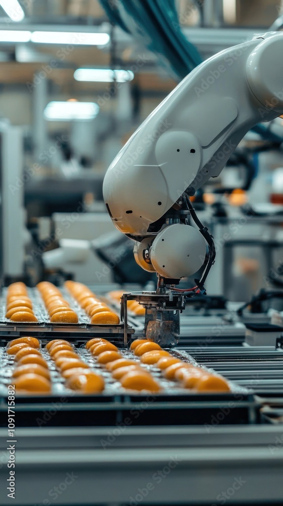 Poster advanced robotic arm in automated egg production system processing fresh eggs on a production line i