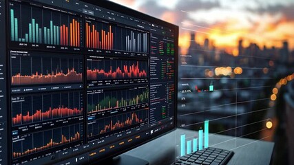 Data analysis on a computer screen with city skyline backdrop at sunset - Powered by Adobe