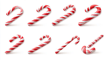 3D realistic christmas candy, sweets, lollipops, candy cane set. Peppermint candies red and white collection. Assorted striped and swirl caramel.