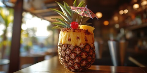 A tropical pina colada served in a hollowed-out pineapple, with a paper umbrella and a cherry on top