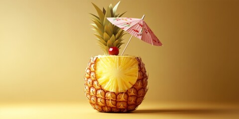 A tropical pina colada served in a hollowed-out pineapple, with a paper umbrella and a cherry on top