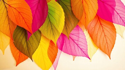 Fototapeta premium bright, colorful and abstract background with different leaves overlapping each other on a light background, shades of yellow, pink, purple, green, the patterns of the veins of the leaves are clearly 