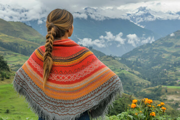 Woman in Traditional Attire with Mountain Background
