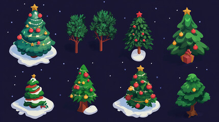 Obraz premium Isometric Christmas tree, 3d fir pine tree, winter holidays symbol. Winter holidays decorated green fir trees vector symbols illustrations set. Vector Christmas trees collection