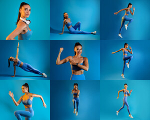 This vibrant setup features a woman engaging in different fitness routines, showcasing her strength and flexibility while wearing blue activewear in an energetic atmosphere.